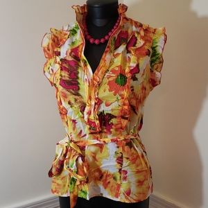 Sz L Susie Rose Vibrant Colored Floral Top w Belt